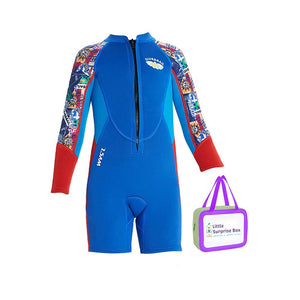 Little Surprise Box 2.5mm Neoprene Knee Length Kids Swimsuit, Blue & Bright Red Travel Theme, Full Sleeves swimwear - LSB-SW-Neotravelbluefullknee-S