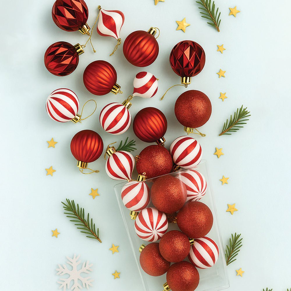 Little Surprise Box 26 pcs Broad Pointed Red White themed Christmas Balls tree hanging, XMAS Decoration set. - Christmas Decor