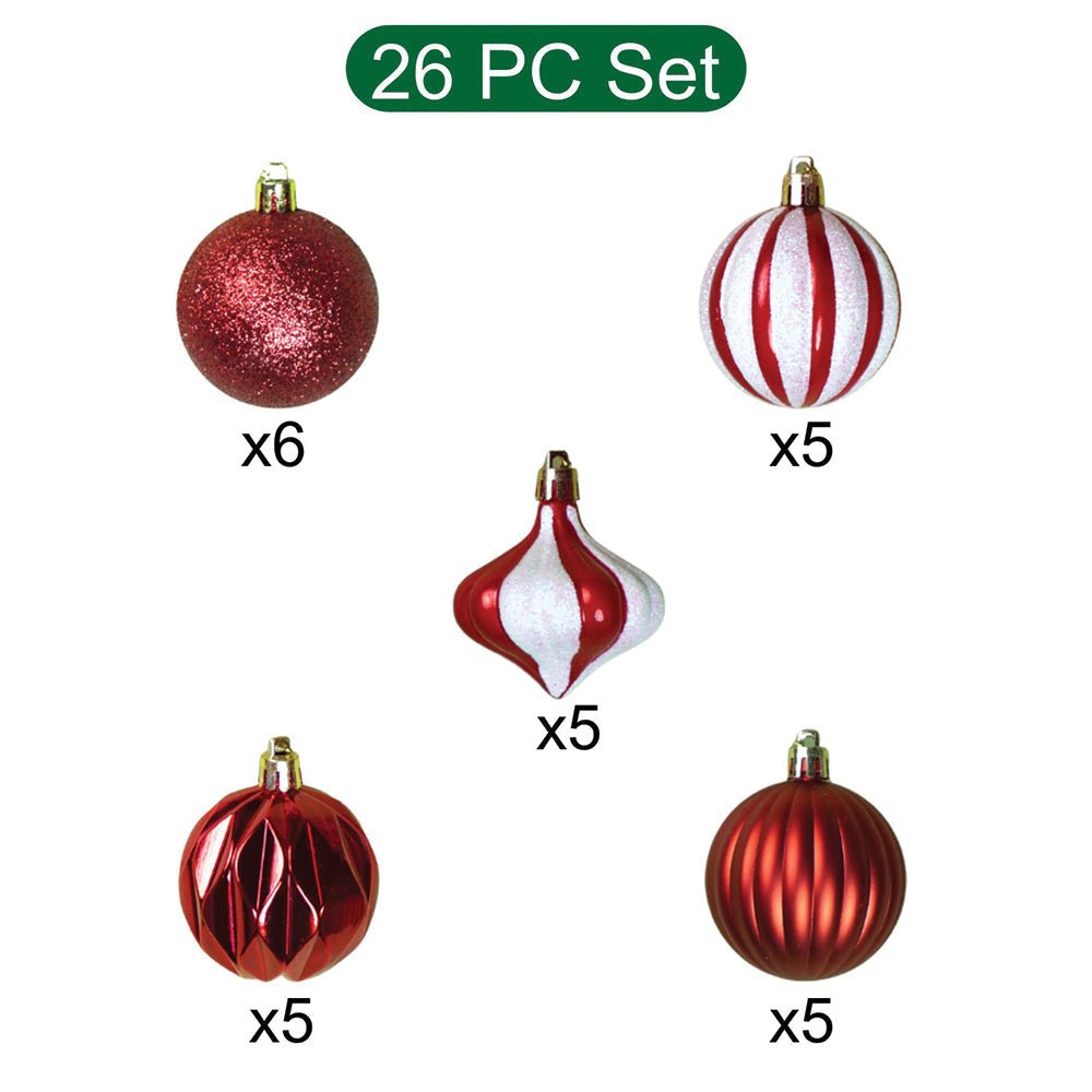 Little Surprise Box 26 pcs Broad Pointed Red White themed Christmas Balls tree hanging, XMAS Decoration set. - Christmas Decor
