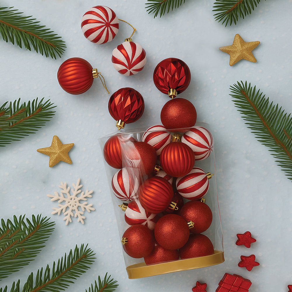 Little Surprise Box 26 pcs Gold Lid Shimmer Red & White themed Christmas Balls tree hanging, XMAS Decoration set. - Christmas Decor