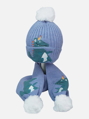 Little Surprise Box 2Pcs Dino Winter Cap Long Style Neck Mufflers For Kids - LSB - WCAP - MS - BLUPRTYDINOLONG