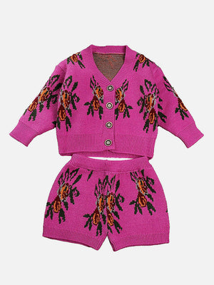Little Surprise Box 2pcs Magenta Flower Bunch Knitted Cardigan and shorts Winterwear set for girls - LSB - 2PCSKRT - MAGNTAFLWSHORT - 2 - 3Y