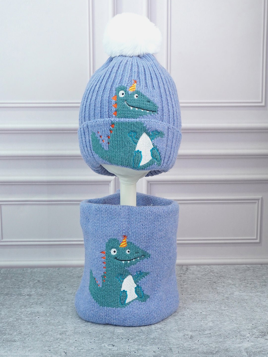 Little Surprise Box 2Pcs Party Dino Themed Beanie Winter Cap Neck Muffler For Kids - LSB - WCAP - MS - BLUPRTYDINONECK