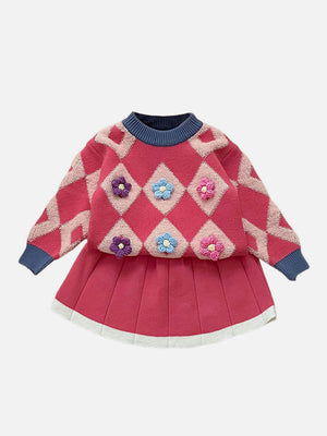 Little Surprise Box 2pcs Pink Diamond Floral Cardigan and Skirt Winterwear set for girls - Kids Winter Wear