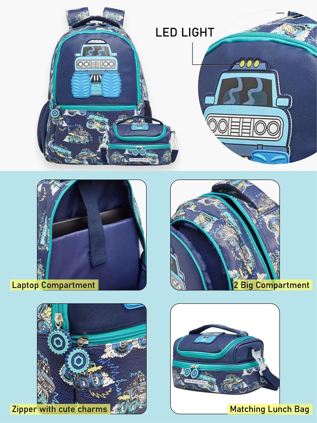 Little Surprise Box, 2pcs set Backpack & matching Lunchbag for Kids, 5yrs - 10yrs - LSB - BG - TRUCK - 2PCS