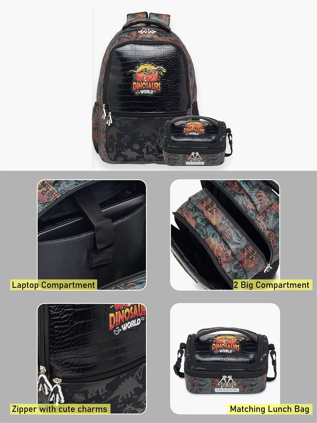 Little Surprise Box, 2pcs set Backpack & matching Lunchbag for Kids, 5yrs - 10yrs - LSB - BG - JURASIC - 2PCS