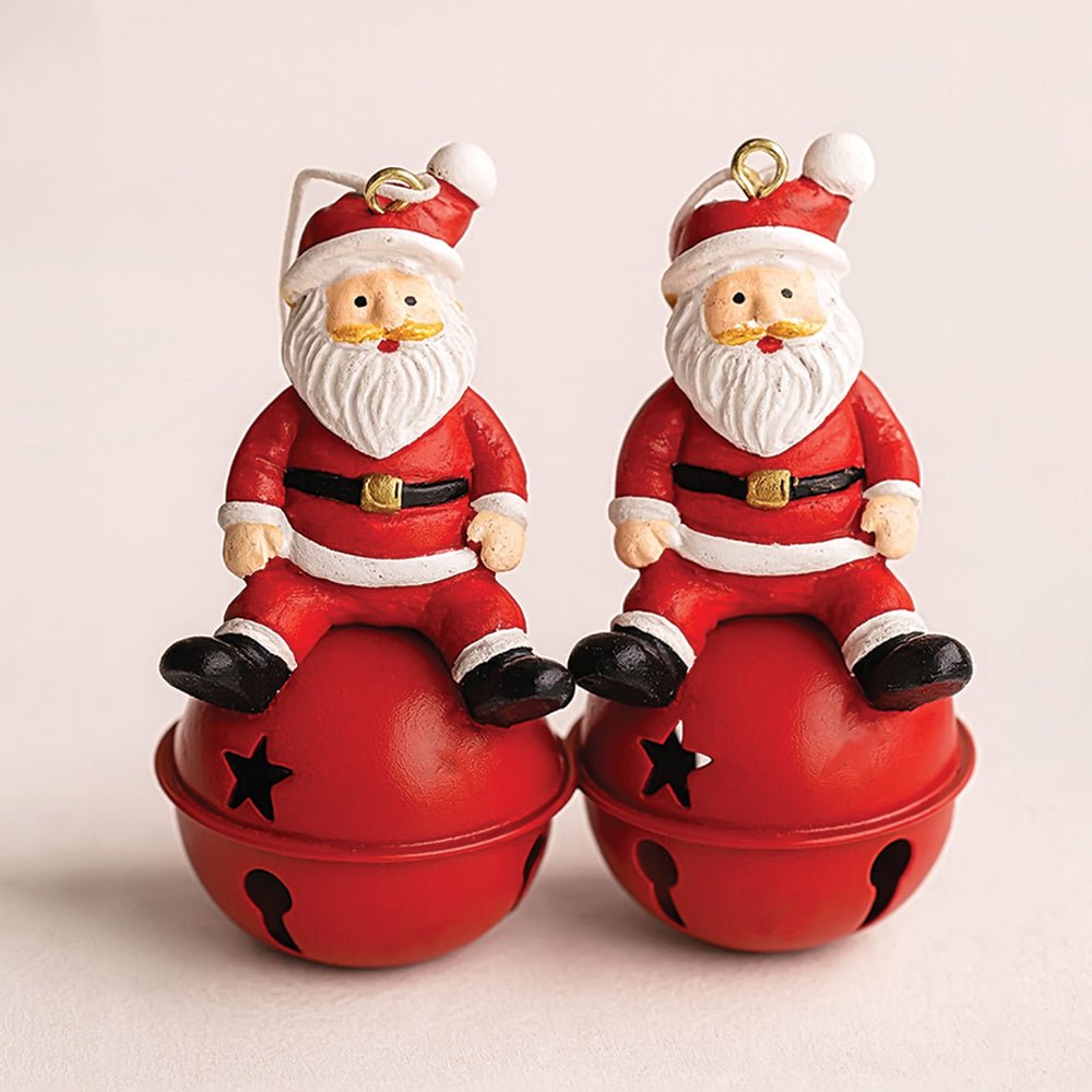 Little Surprise Box 2pcs set of Shiny Red Ringing Metal Bell with sitting Santa Christmas tree Ornaments - Christmas Decor