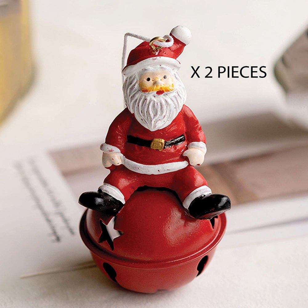 Little Surprise Box 2pcs set of Shiny Red Ringing Metal Bell with sitting Santa Christmas tree Ornaments - Christmas Decor