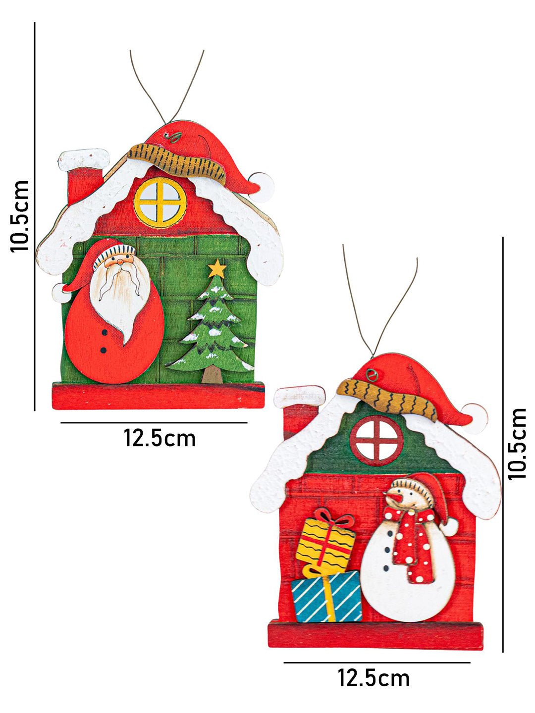 Little Surprise Box 2pcs set of Wooden Home with Santa & Snowman Christmas tree Ornaments - Christmas Decor