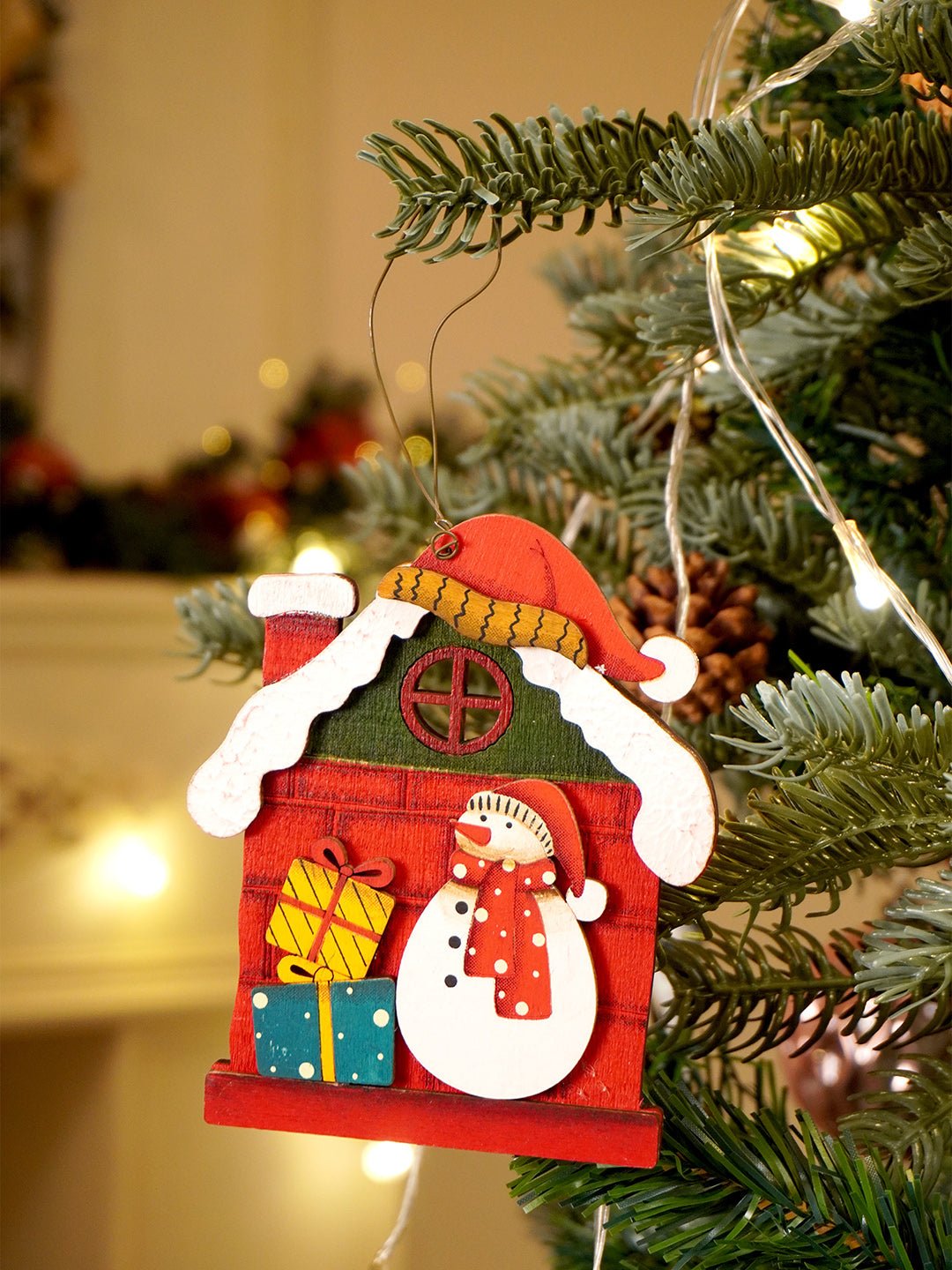 Little Surprise Box 2pcs set of Wooden Home with Santa & Snowman Christmas tree Ornaments - Christmas Decor