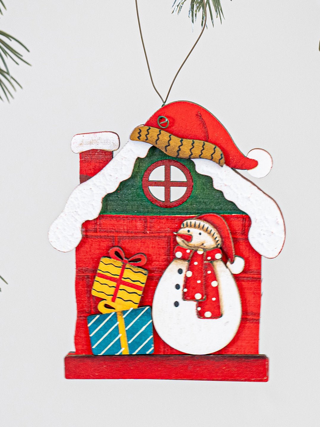 Little Surprise Box 2pcs set of Wooden Home with Santa & Snowman Christmas tree Ornaments - Christmas Decor