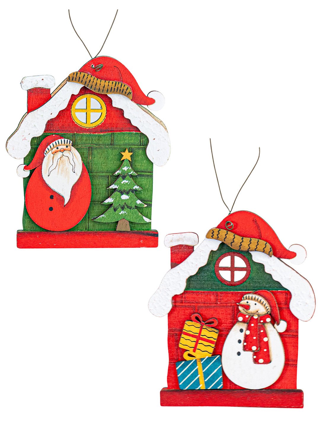 Little Surprise Box 2pcs set of Wooden Home with Santa & Snowman Christmas tree Ornaments - Christmas Decor
