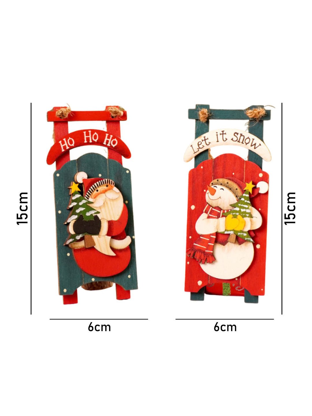 Little Surprise Box 2pcs set of Wooden Sledge with Santa & Snowman Christmas tree Ornaments - Christmas Decor