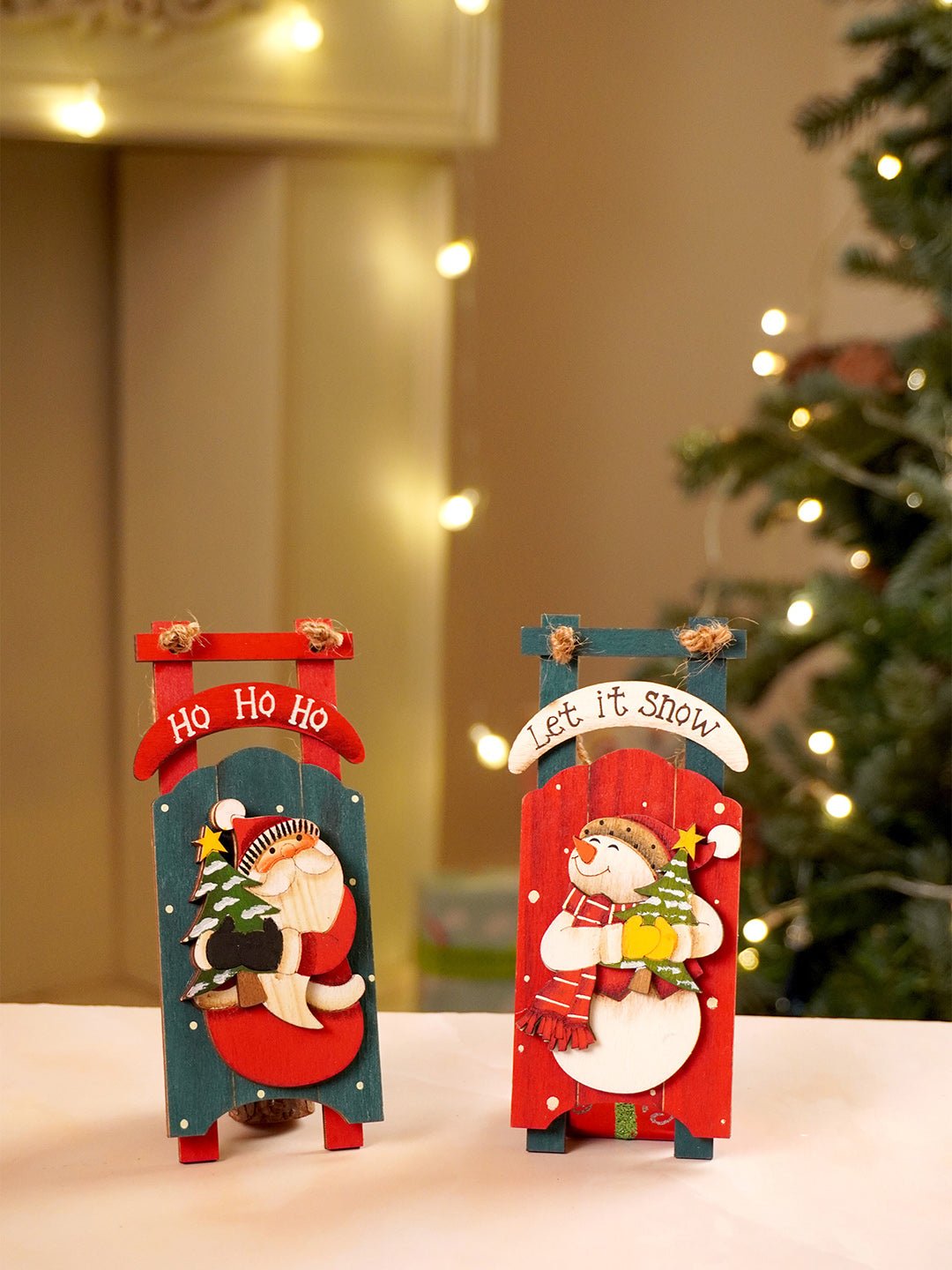 Little Surprise Box 2pcs set of Wooden Sledge with Santa & Snowman Christmas tree Ornaments - Christmas Decor