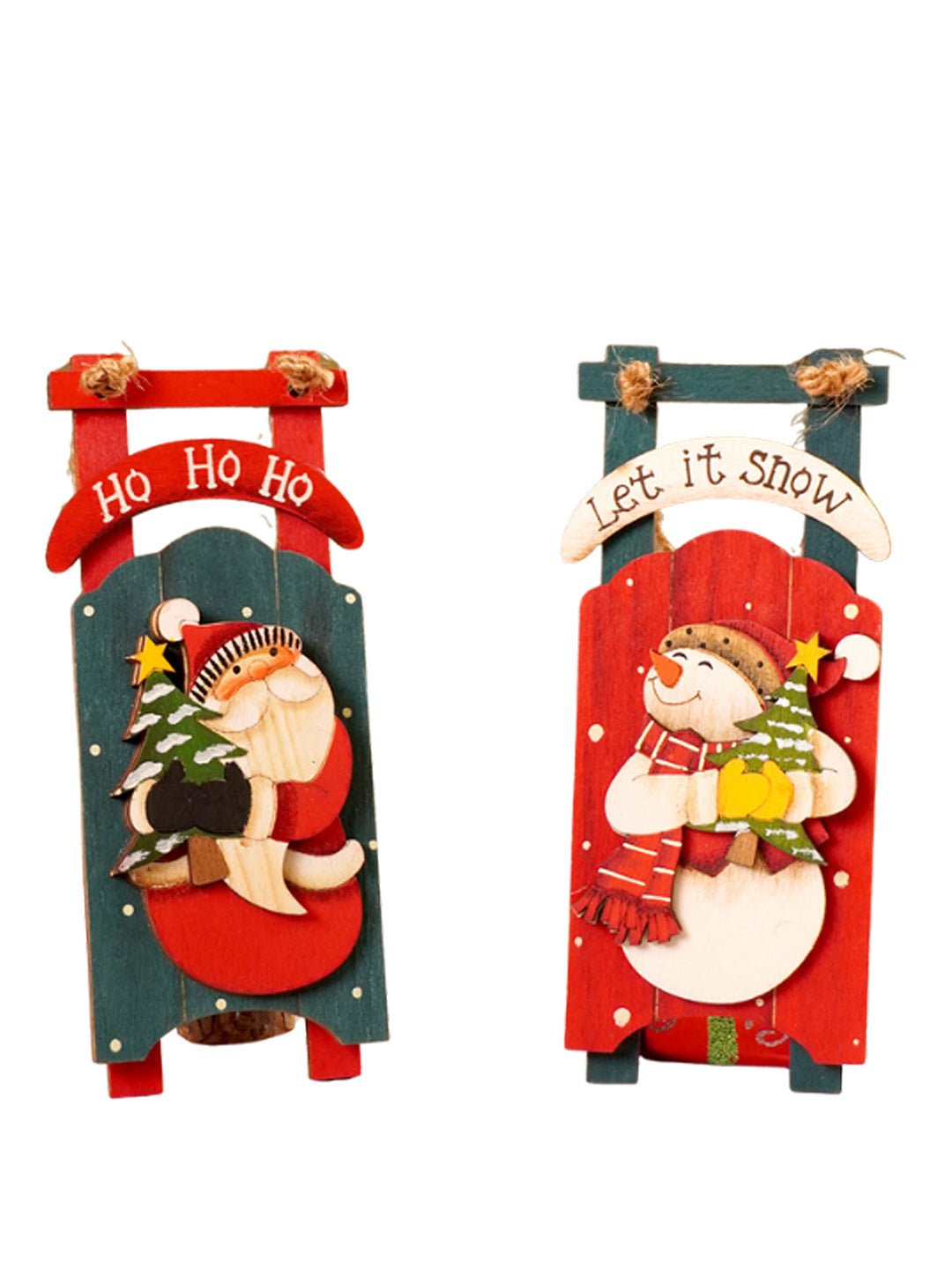 Little Surprise Box 2pcs set of Wooden Sledge with Santa & Snowman Christmas tree Ornaments - Christmas Decor