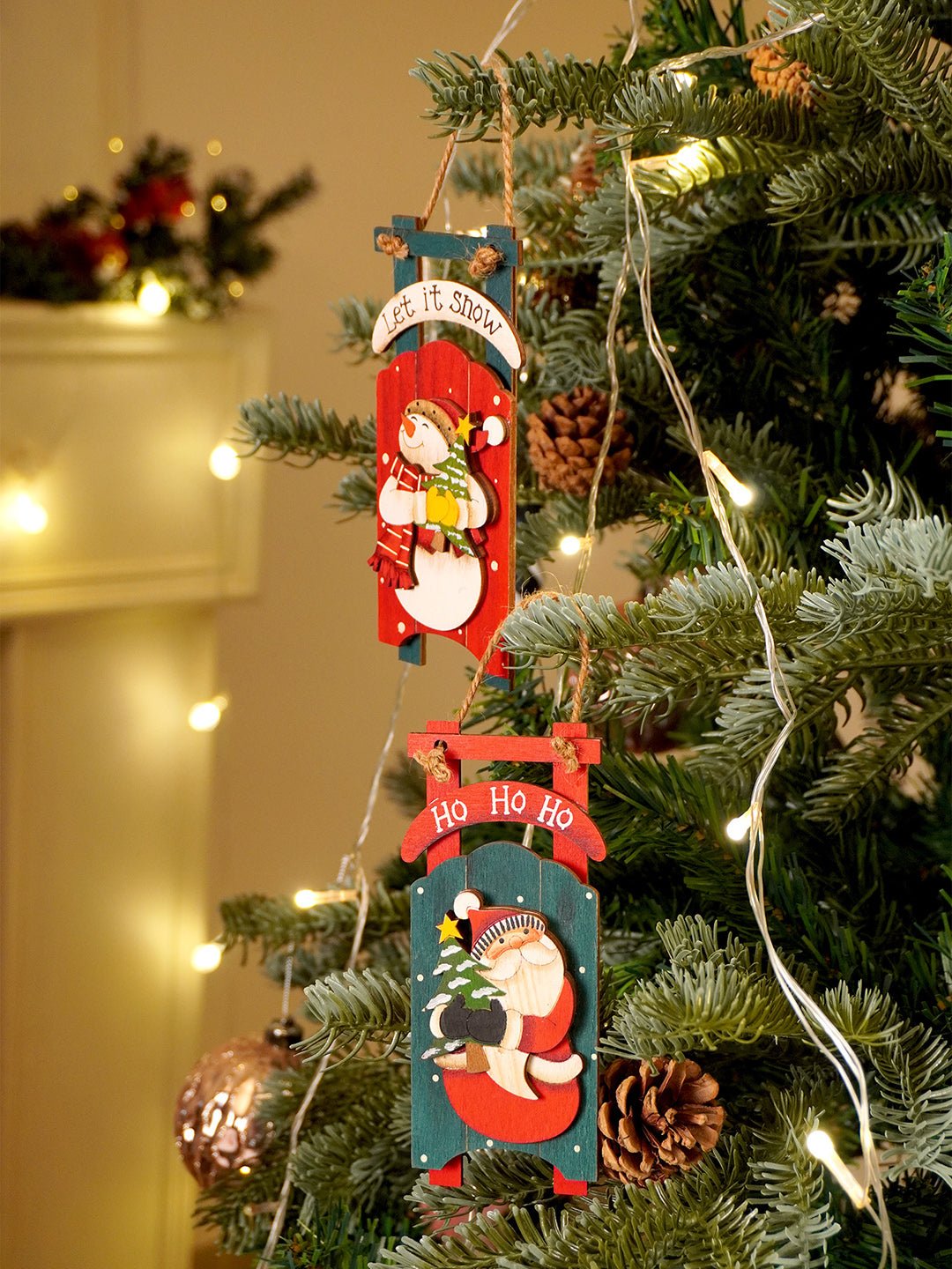 Little Surprise Box 2pcs set of Wooden Sledge with Santa & Snowman Christmas tree Ornaments - Christmas Decor