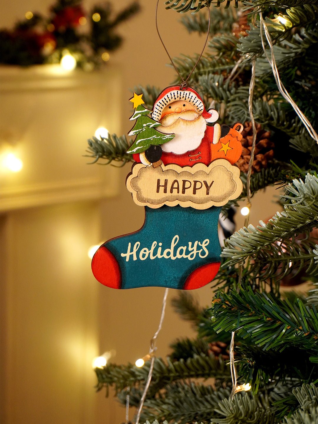 Little Surprise Box 2pcs set of Wooden Stockings with Santa & Reindeer Christmas tree Ornaments - Christmas Decor