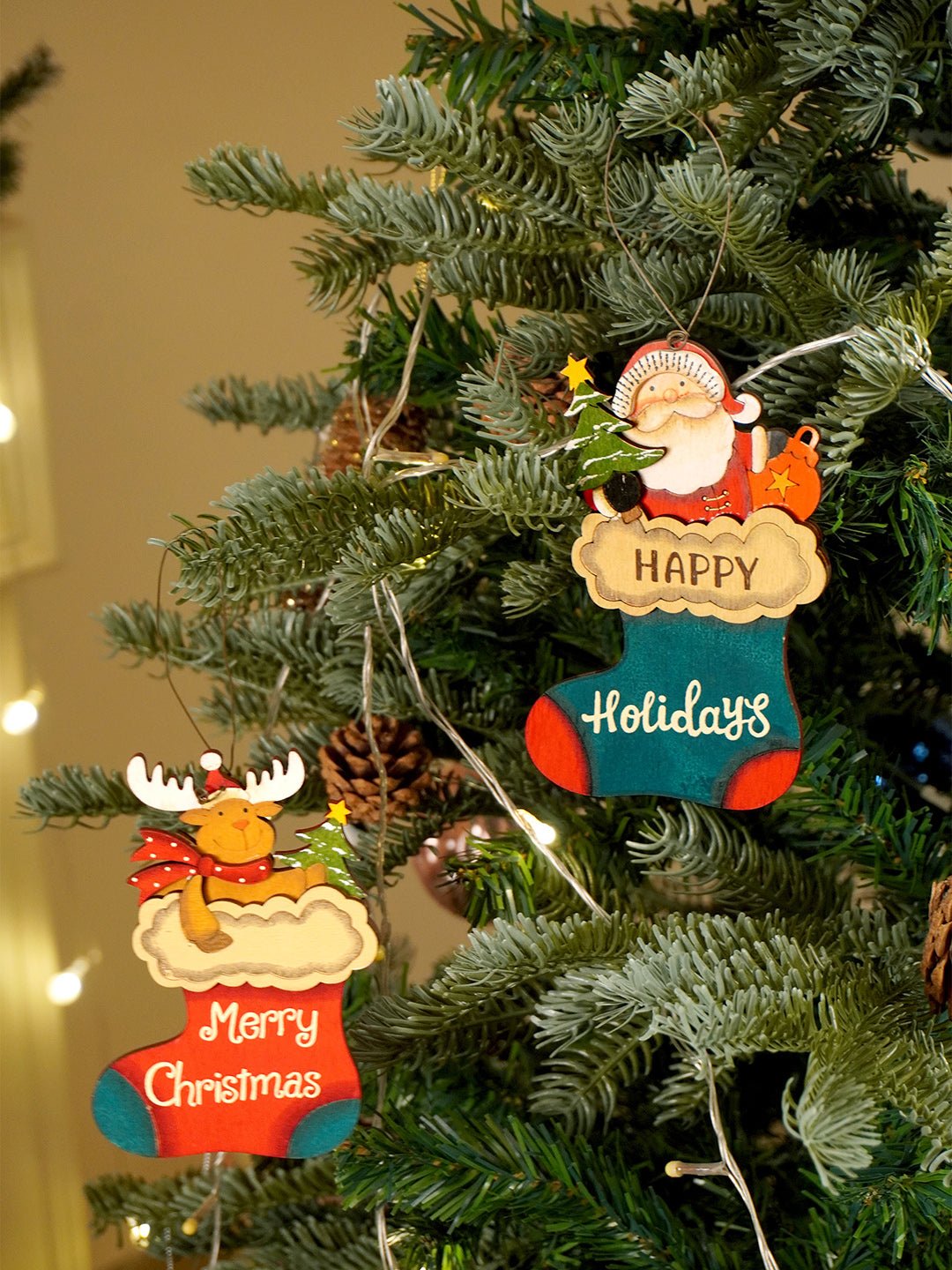 Little Surprise Box 2pcs set of Wooden Stockings with Santa & Reindeer Christmas tree Ornaments - Christmas Decor