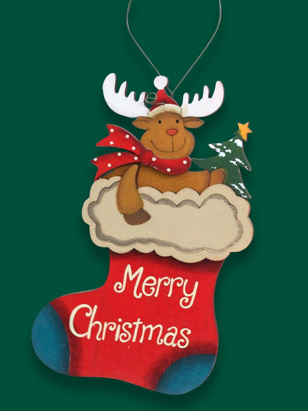 Little Surprise Box 2pcs set of Wooden Stockings with Santa & Reindeer Christmas tree Ornaments - Christmas Decor