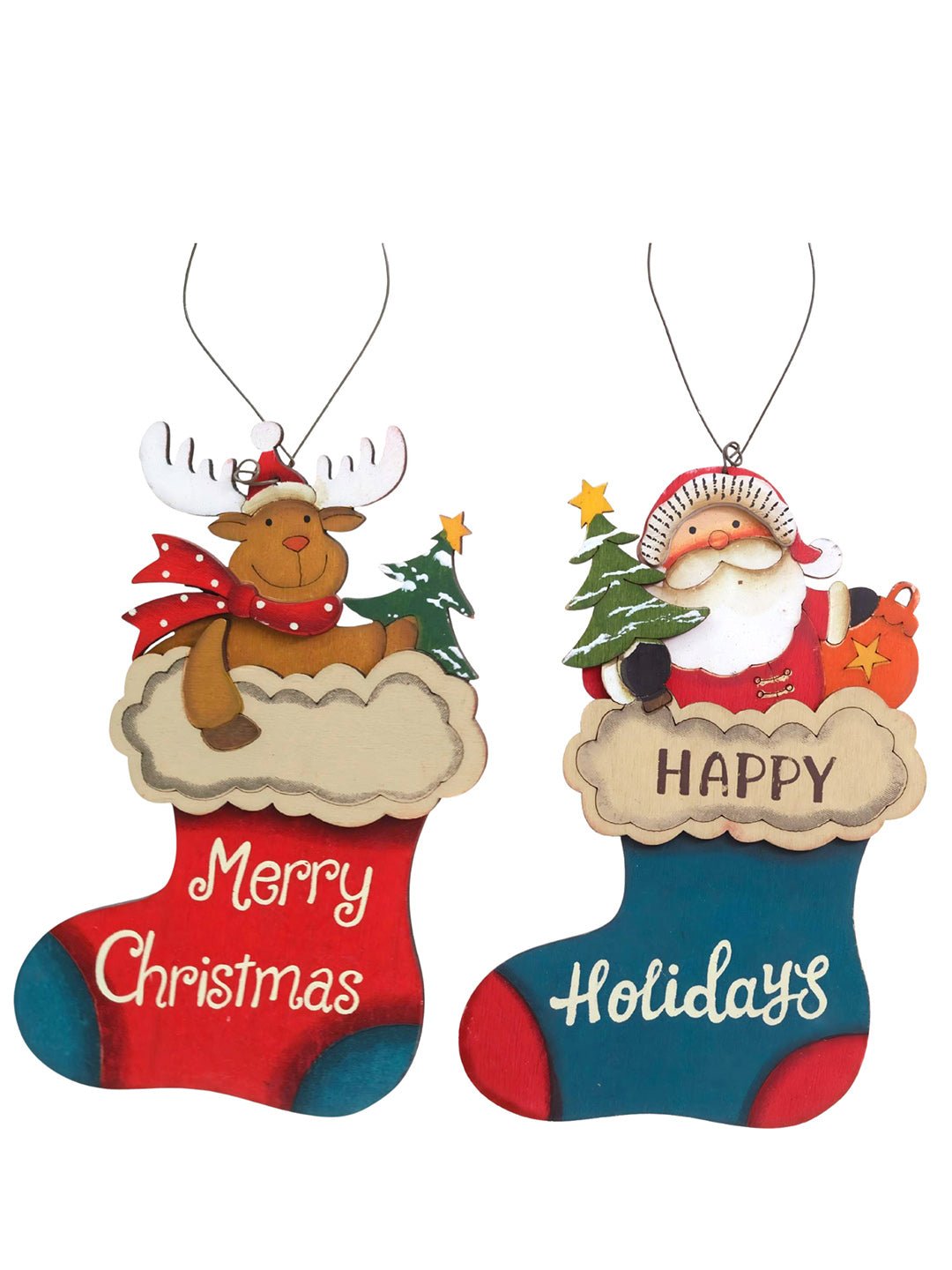Little Surprise Box 2pcs set of Wooden Stockings with Santa & Reindeer Christmas tree Ornaments - Christmas Decor