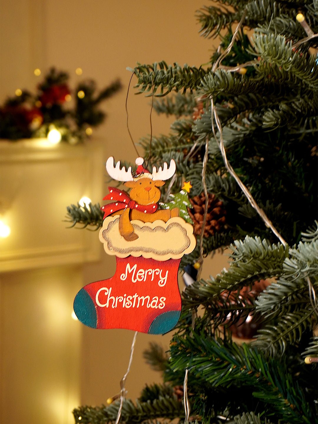 Little Surprise Box 2pcs set of Wooden Stockings with Santa & Reindeer Christmas tree Ornaments - Christmas Decor