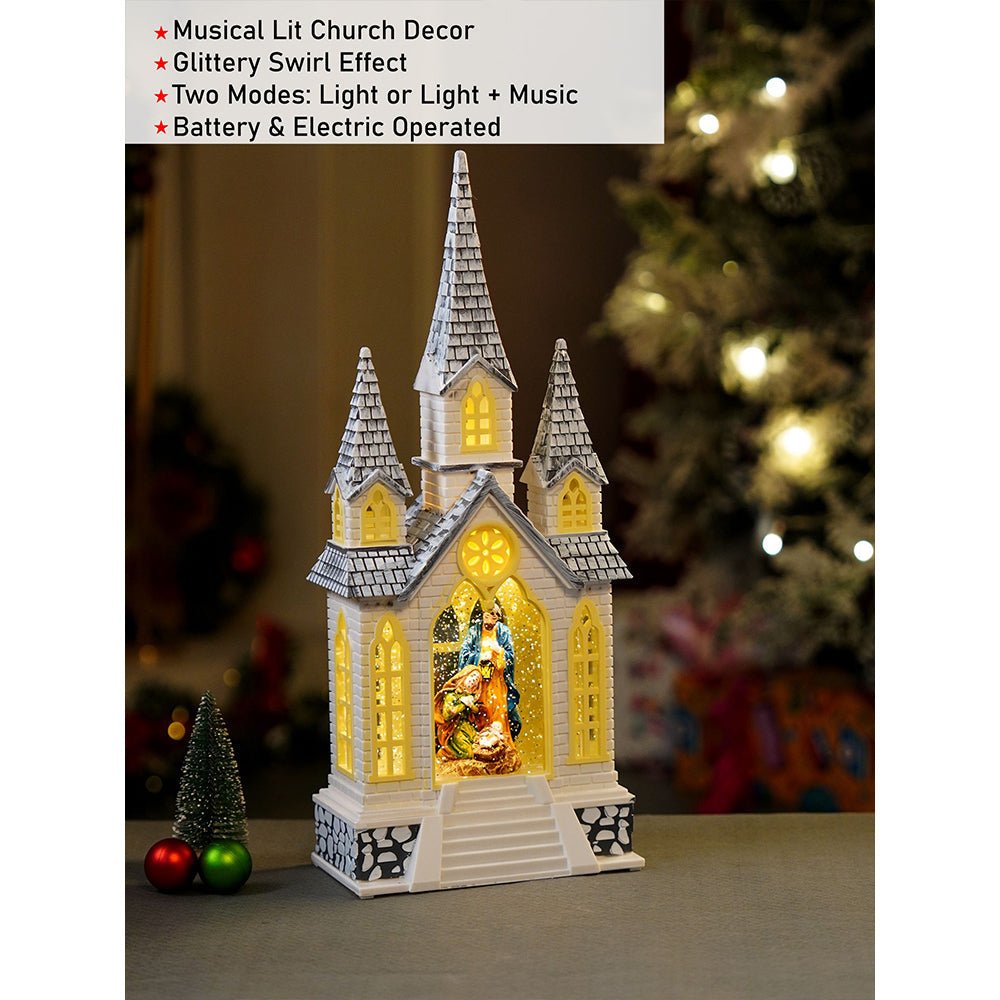 Little Surprise Box 3 Tower Church with Holy Family Decor with Musical Glitter Water, Rotation & Light, Christmas Home Décor - Christmas Decor
