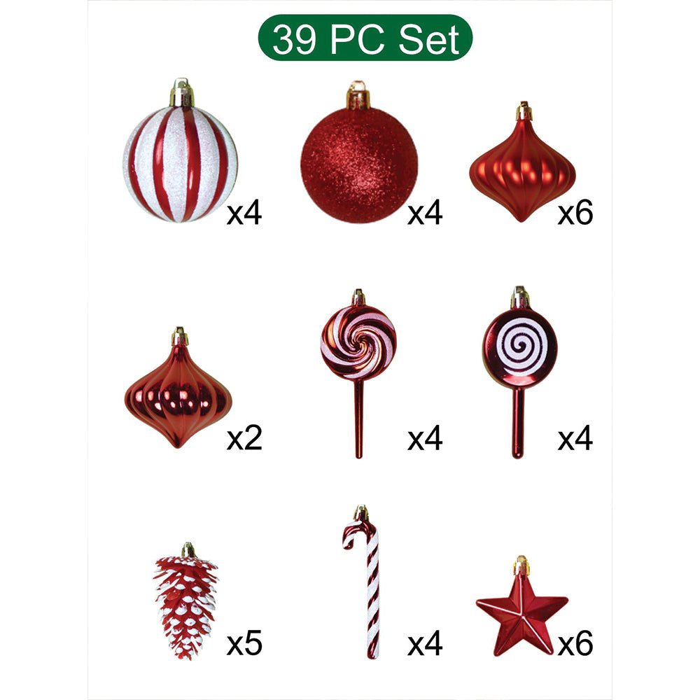 Little Surprise Box 39 pcs Red Stars and White Swirls themed Christmas Balls tree hanging, XMAS Decoration set. - Christmas Decor