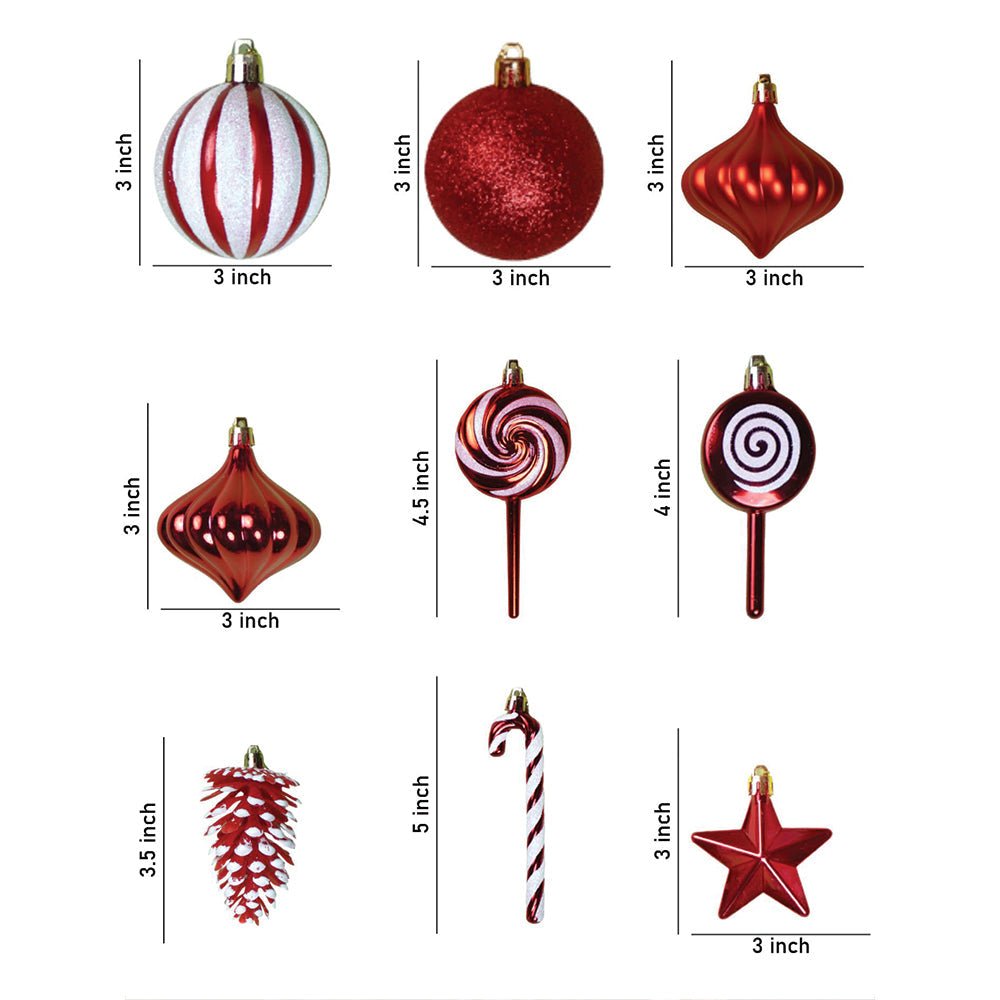 Little Surprise Box 39 pcs Red Stars and White Swirls themed Christmas Balls tree hanging, XMAS Decoration set. - Christmas Decor