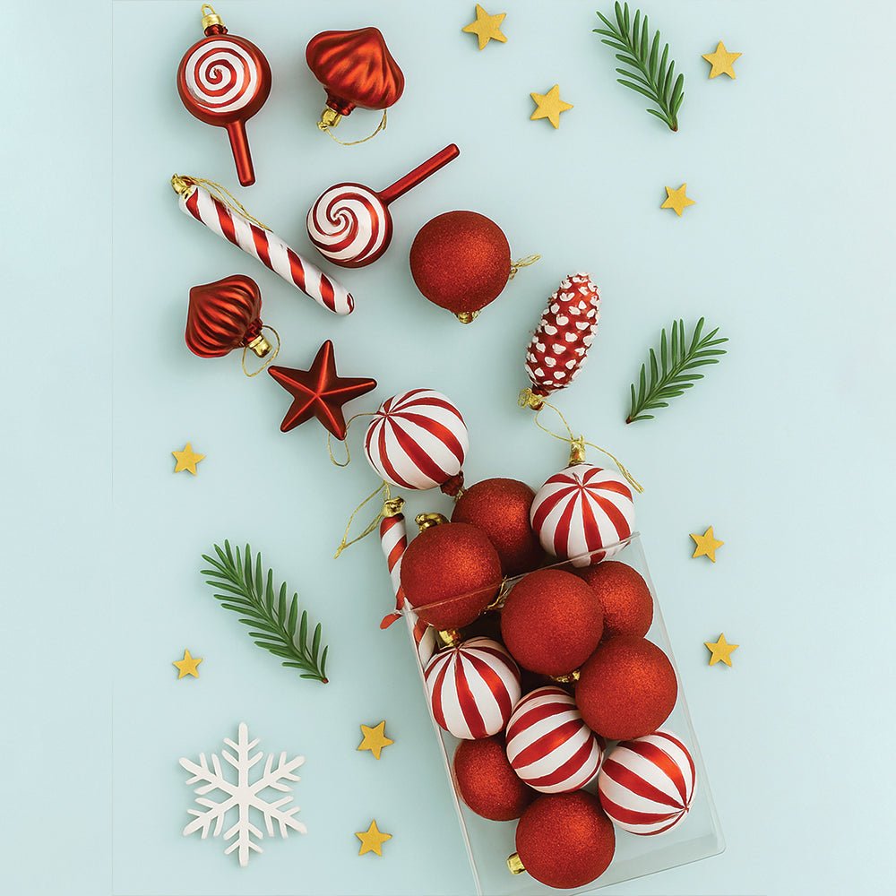 Little Surprise Box 39 pcs Red Stars and White Swirls themed Christmas Balls tree hanging, XMAS Decoration set. - Christmas Decor