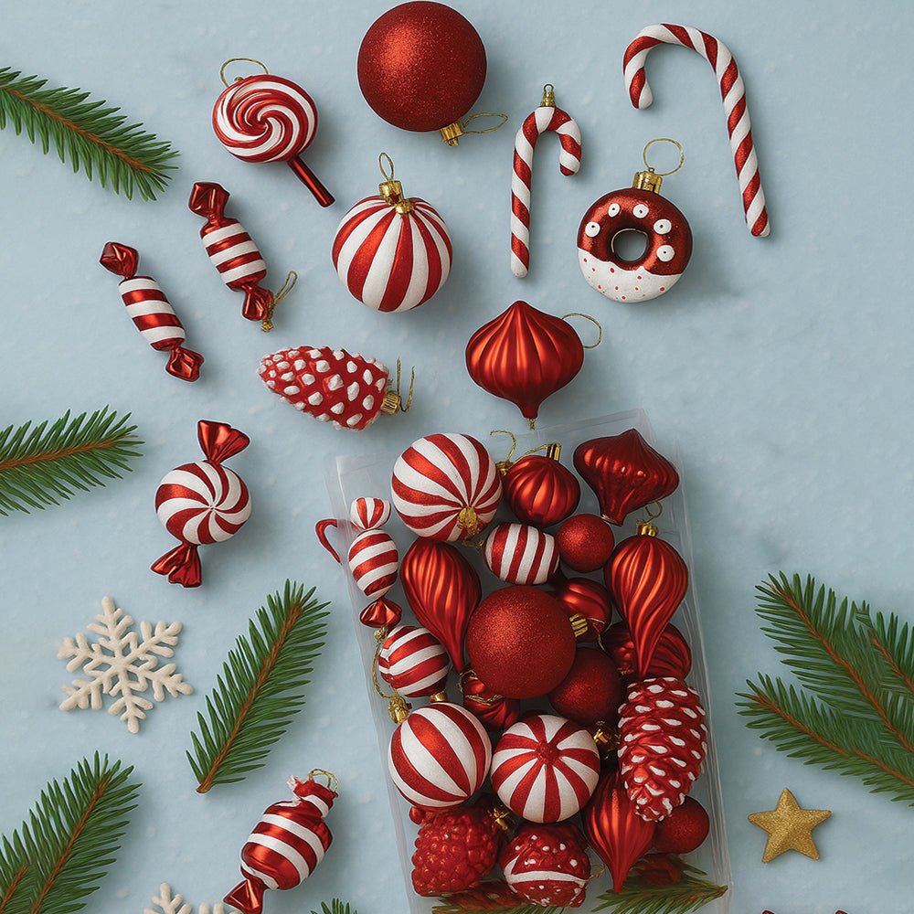 Little Surprise Box 39 pcs Red White Donuts & Candies themed Christmas Balls tree hanging, XMAS Decoration set. - Christmas Decor