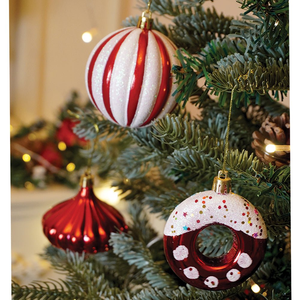 Little Surprise Box 39 pcs Red White Donuts & Candies themed Christmas Balls tree hanging, XMAS Decoration set. - Christmas Decor
