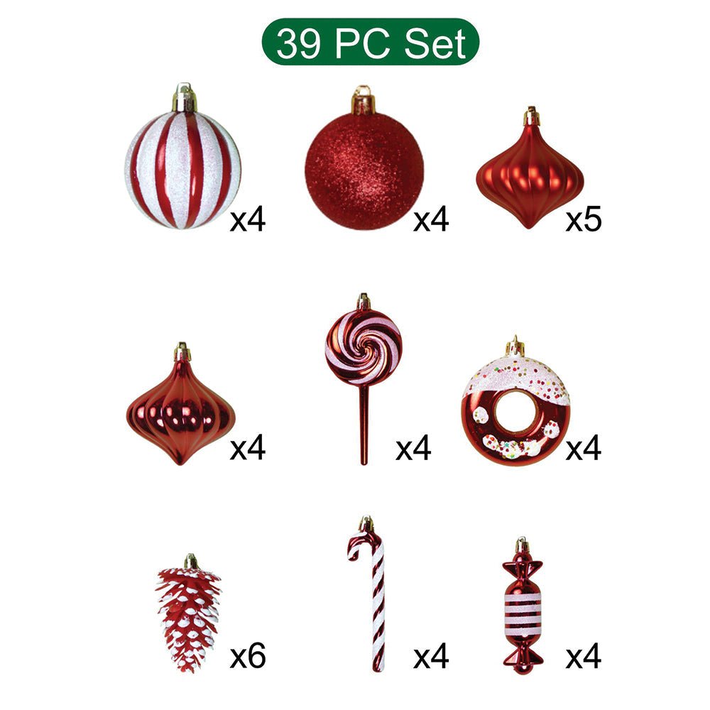 Little Surprise Box 39 pcs Red White Donuts & Candies themed Christmas Balls tree hanging, XMAS Decoration set. - Christmas Decor
