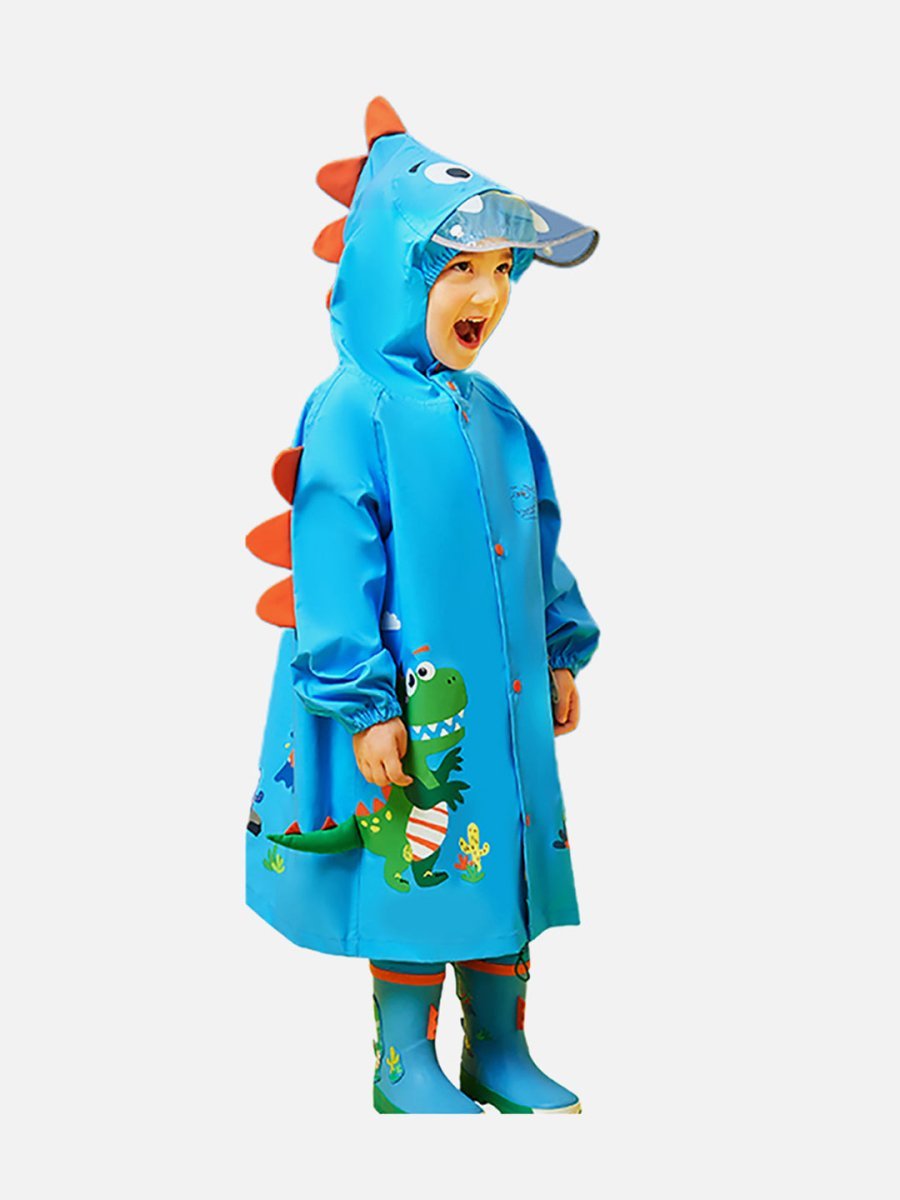 Little Surprise Box 3d Applique Dino Cactus Theme, Knee Length Raincoat for Kids, Bright Blue - LSB-S5-RC-3D-DINOCACTUSBLUE-S