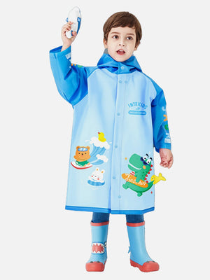 Little Surprise Box 3d Dino Blue Sleeves & Hood Knee Length Raincoat for Kids - Kids Rainwear