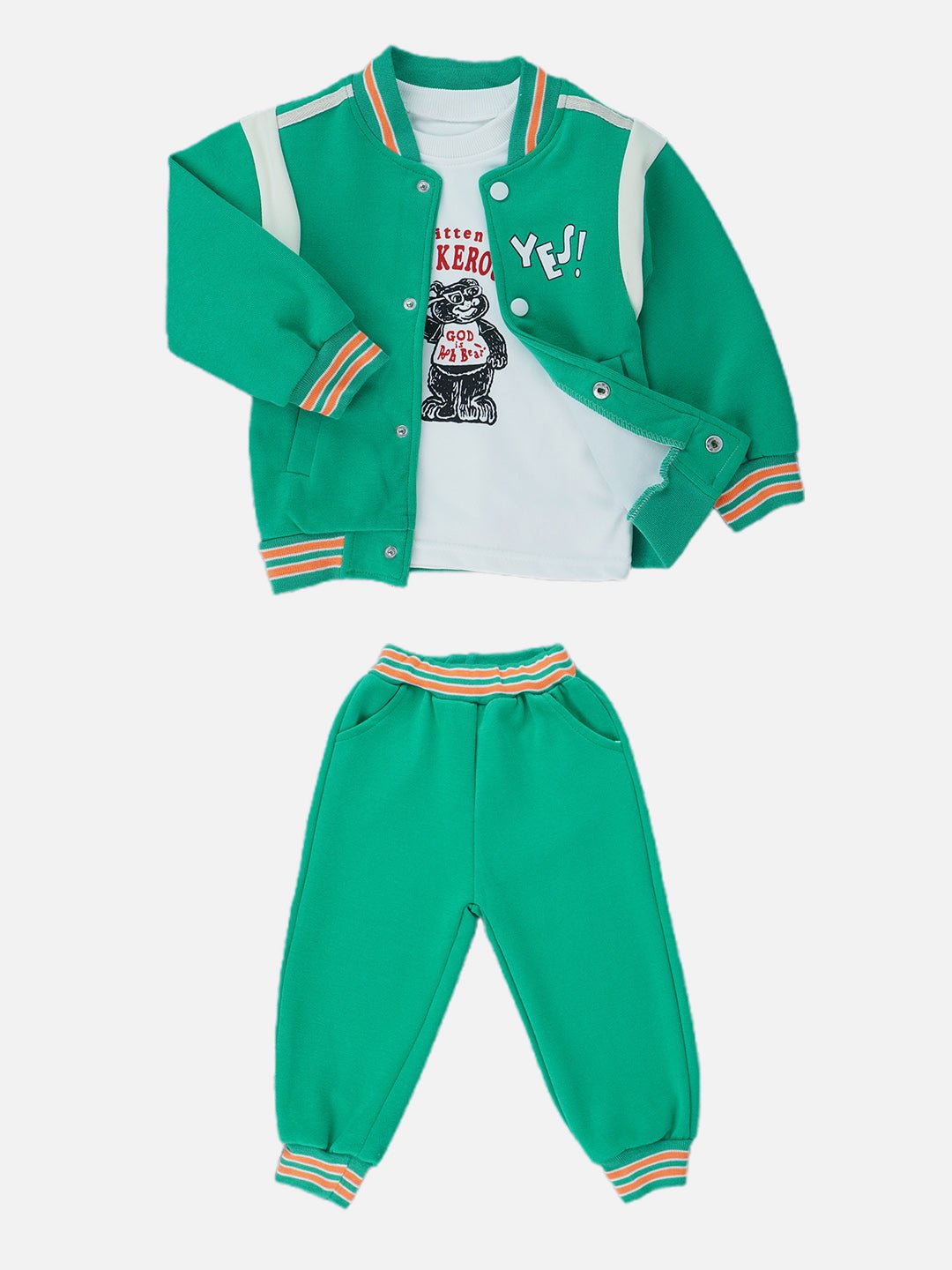 Little Surprise Box, 3pcs Green & Orange Varsity Jacket with matching Tracks for toddler and Kids - LSB - 3PCS - GRNORNJKTTRCKS - 3 - 4Y