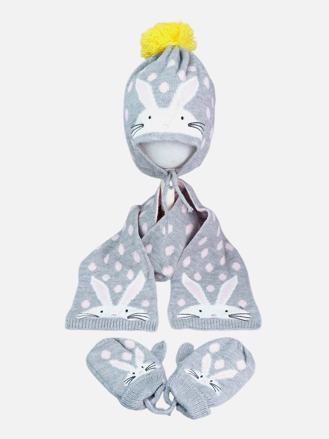 Little Surprise Box 3Pcs Matching Beanie Winter Cap Mufflers And Gloves Set - LSB - WCAP - 3PCSGREYBUNNYSET