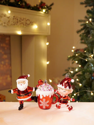 Little Surprise Box 3pcs set of Shiny Red Santa, Elf and Marshmallow Mug christmas Tree Ornaments - Christmas Decor