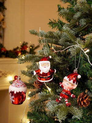 Little Surprise Box 3pcs set of Shiny Red Santa, Elf and Marshmallow Mug christmas Tree Ornaments - Christmas Decor