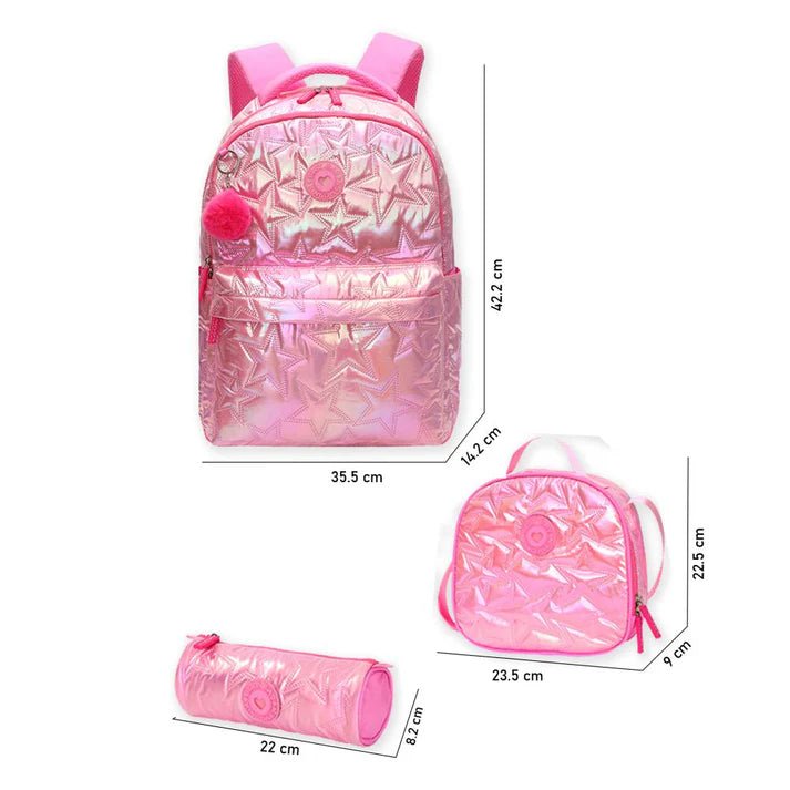 Little Surprise Box, 3pcs Shiny Pink Star Matching Backpack, Lunch Bag and Stationery Pouch - LSB - BG - PNKSHINYSTAR - 3PCS