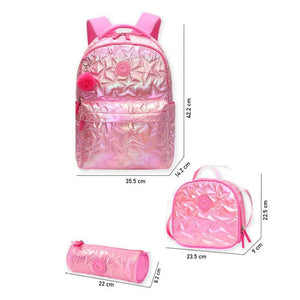 Little Surprise Box, 3pcs Shiny Pink Star Matching Backpack, Lunch Bag and Stationery Pouch - LSB - BG - PNKSHINYSTAR - 3PCS