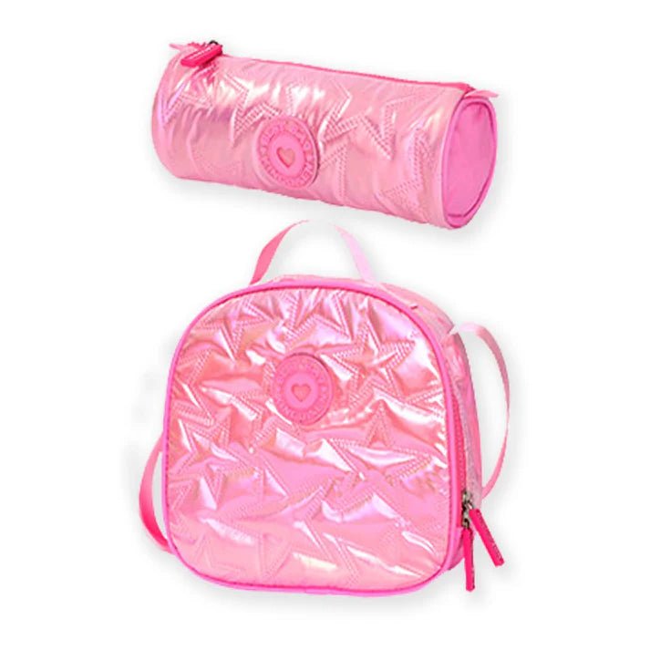 Little Surprise Box, 3pcs Shiny Pink Star Matching Backpack, Lunch Bag and Stationery Pouch - LSB - BG - PNKSHINYSTAR - 3PCS