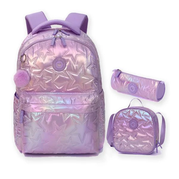 Little Surprise Box, 3pcs Shiny Pink Star Matching Backpack, Lunch Bag and Stationery Pouch - LSB - BG - PURSHINYSTAR - 3PCS