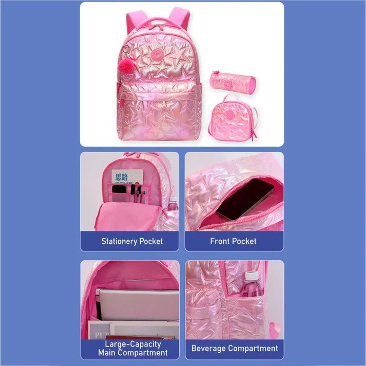 Little Surprise Box, 3pcs Shiny Pink Star Matching Backpack, Lunch Bag and Stationery Pouch - LSB - BG - PNKSHINYSTAR - 3PCS