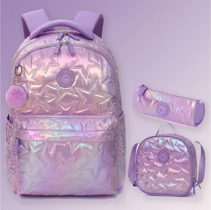 Little Surprise Box, 3pcs Shiny Pink Star Matching Backpack, Lunch Bag and Stationery Pouch - LSB - BG - PURSHINYSTAR - 3PCS
