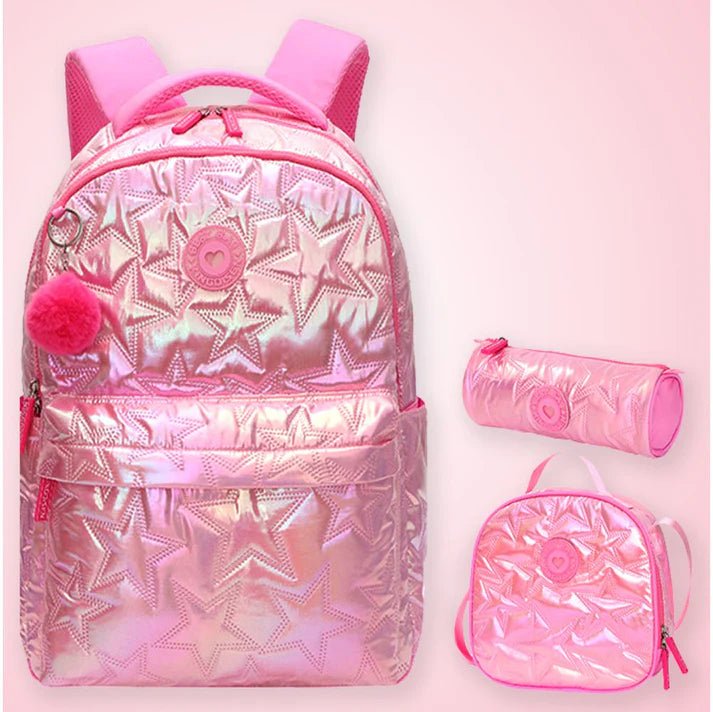 Little Surprise Box, 3pcs Shiny Pink Star Matching Backpack, Lunch Bag and Stationery Pouch - LSB - BG - PNKSHINYSTAR - 3PCS