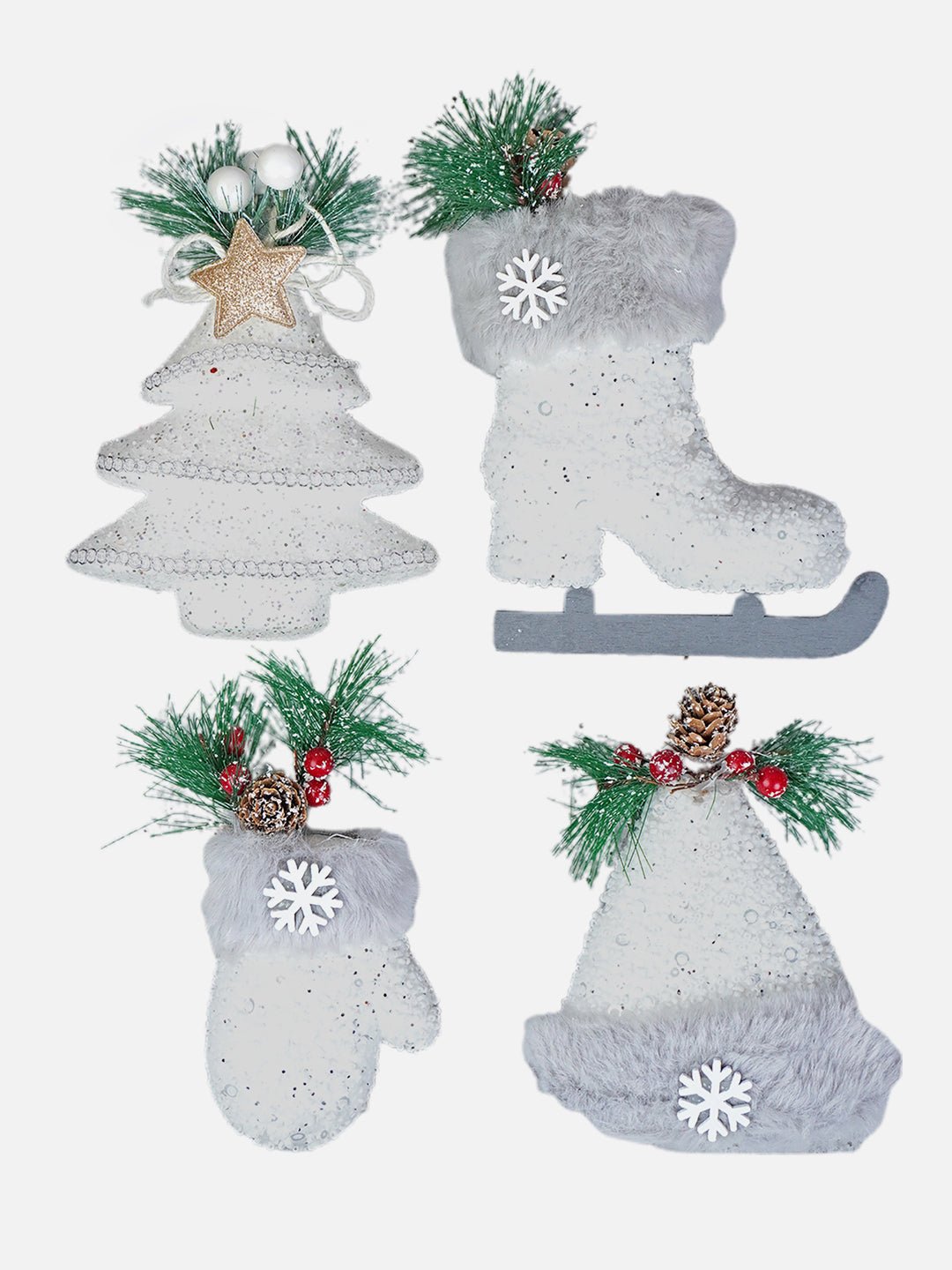 Little Surprise Box 4 pcs Silver Furry Winter Accessories themed Christmas Tree Ornaments - LSB - CMS - 4SILVR - TRO