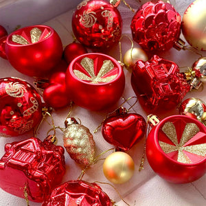 Little Surprise Box 40pcs Red Sequenced with Gold Christmas Tree Balls and xmas Tree decoration set - Christmas Decor