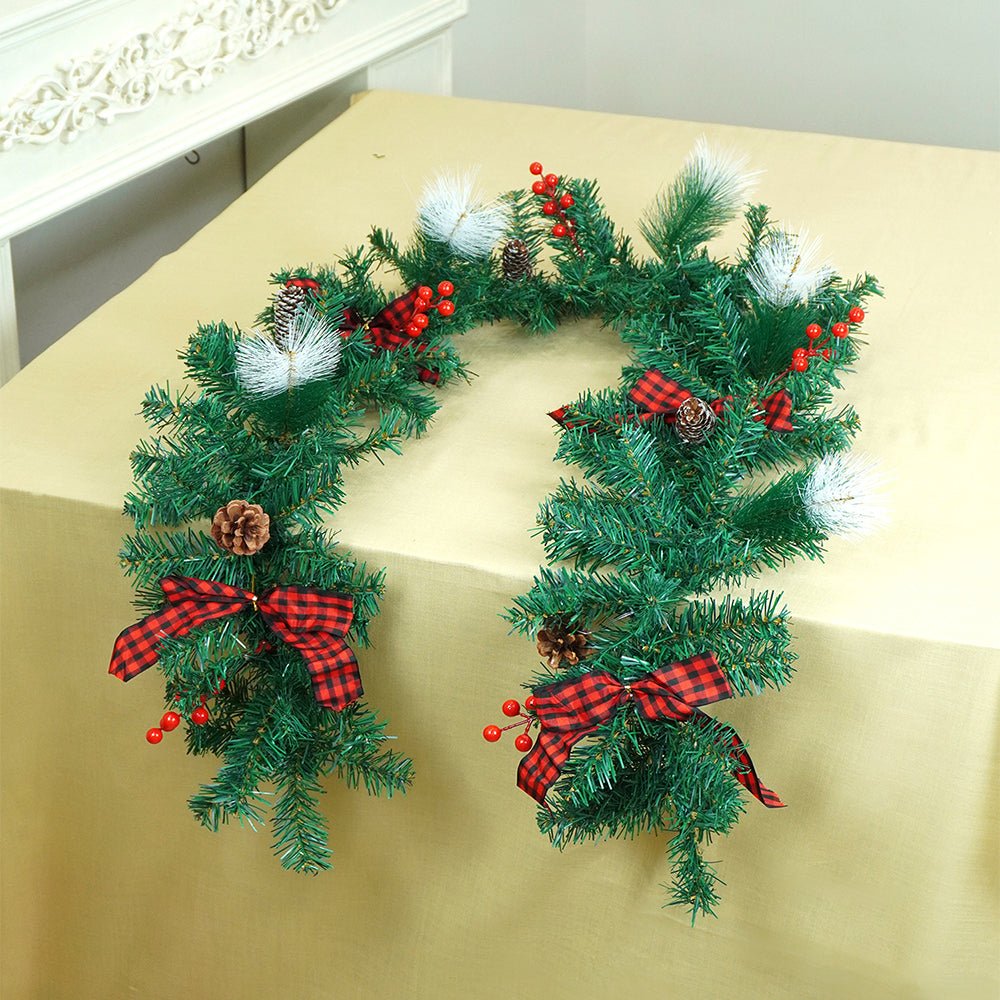 Little Surprise Box 6 feet Red Black Bow ,Deep Green Xmas Garland for Home and Table Décor - Christmas Decor