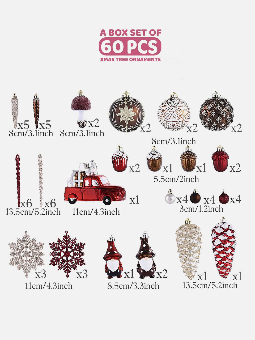 Little Surprise Box 60pcs Classic Christmas Balls tree hanging Xmas Decoration set. - 60MBGLPINCONE Christmas Decor