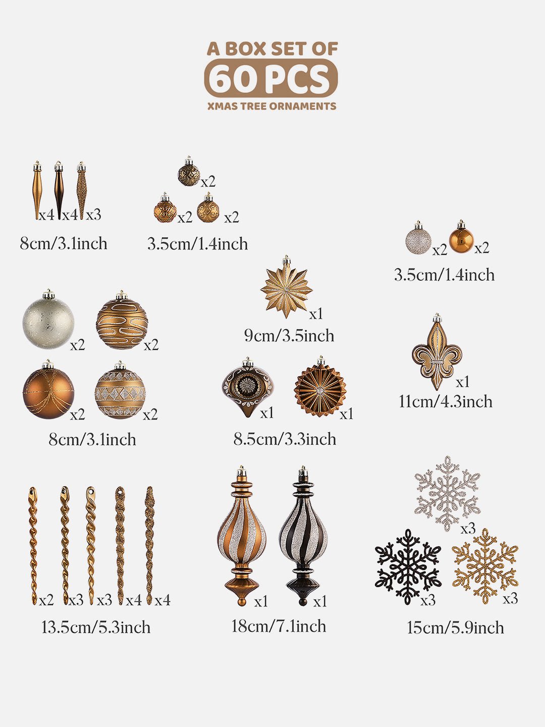 Little Surprise Box 60pcs Classic Christmas Balls tree hanging Xmas Decoration set. - 60MBGLPINCONE Christmas Decor